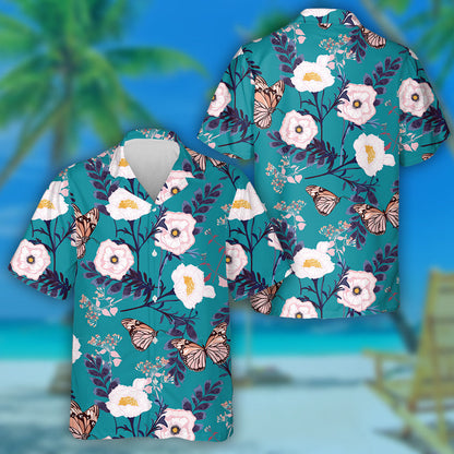 Blooming White Flowers With Butterfly Botanical Garden Hawaiian Shirt, Hawaiian Shirt Gift, Christmas Gift