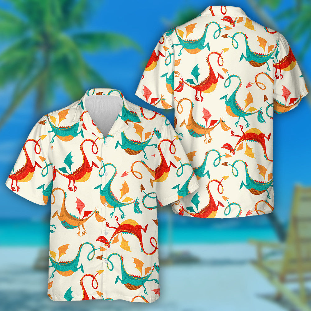 Mult Colored Funny Dragons On White Background Hawaiian Shirt, Hawaiian Shirt Gift, Christmas Gift