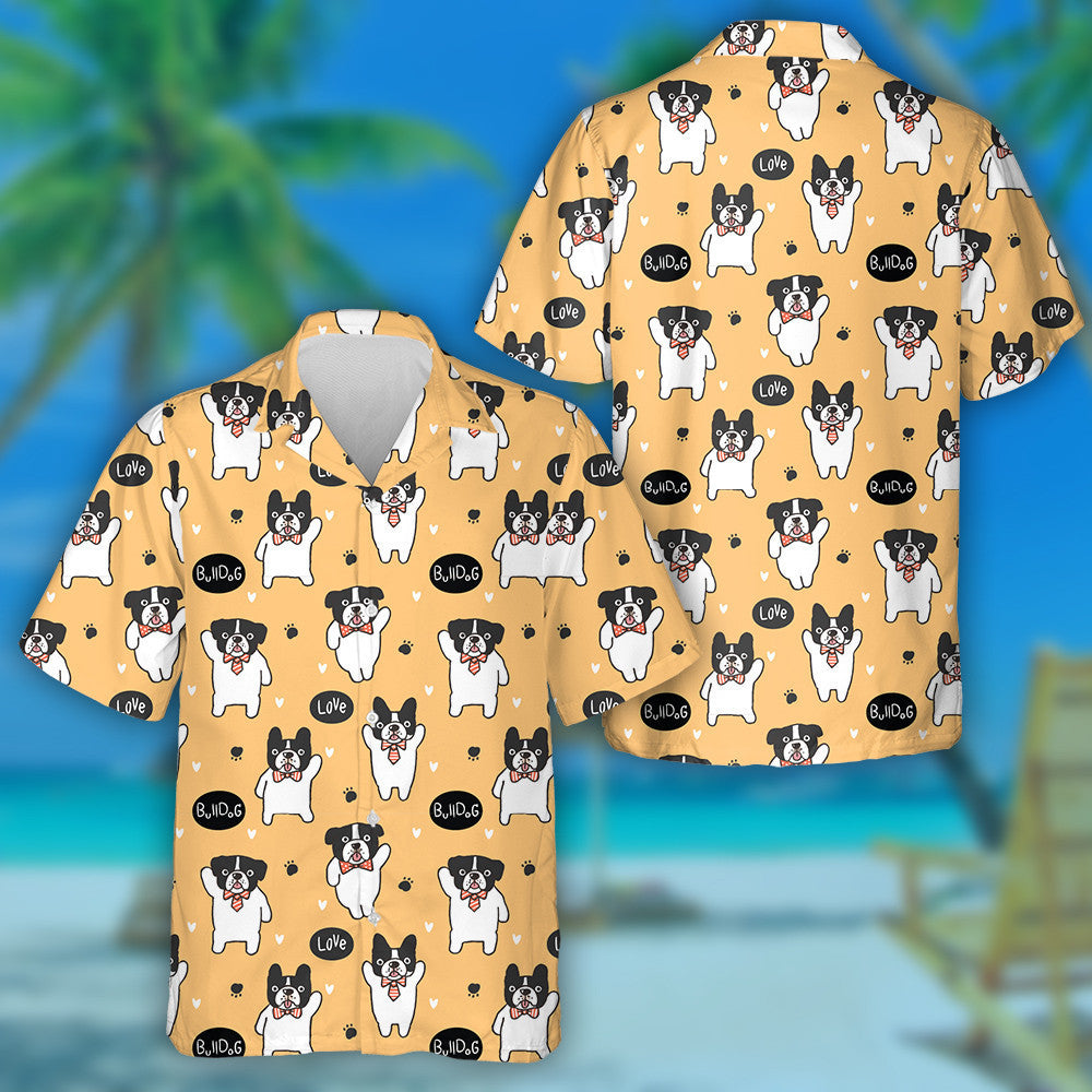 Cartoon Bulldog Yellow With Hearts And Paws Hawaiian Shirt, Hawaiian Shirt Gift, Christmas Gift