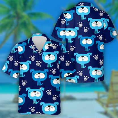 Cute Cartoon Blue Dog On Navy Background Hawaiian Shirt, Hawaiian Shirt Gift, Christmas Gift