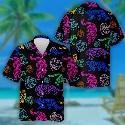 Neon Cute Leopards And Monstera Leaves Hawaiian Shirt, Hawaiian Shirt Gift, Christmas Gift