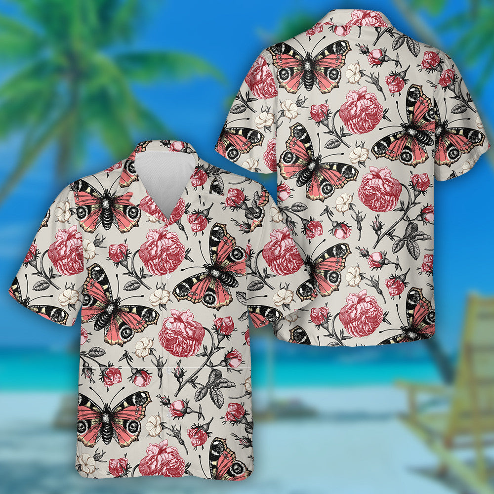Spring Theme Blooming Roses Realistic And Butterfly Hawaiian Shirt, Hawaiian Shirt Gift, Christmas Gift