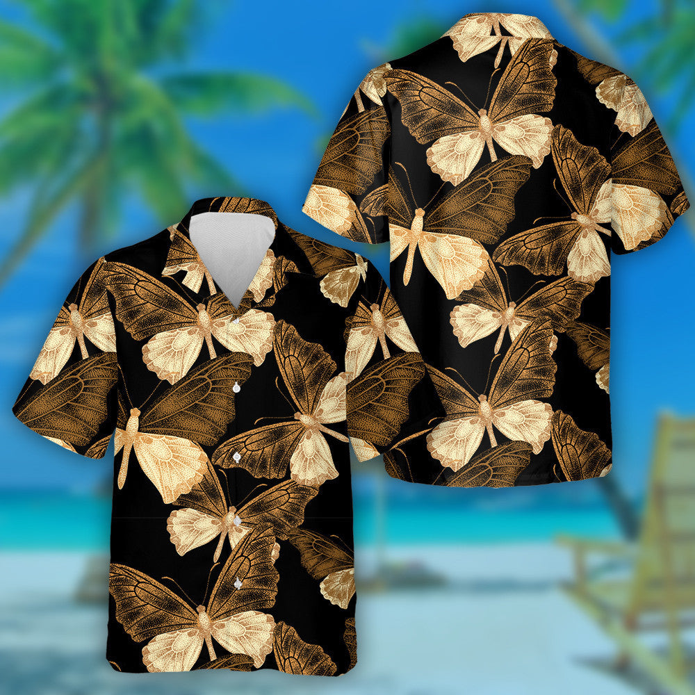 Spring Theme Exotic Tropical Butterflies On Black Hawaiian Shirt, Hawaiian Shirt Gift, Christmas Gift