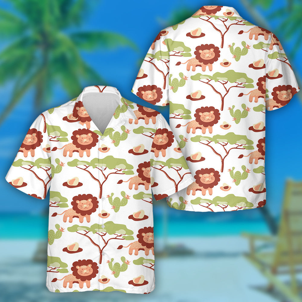 Cactus Trees And Lion On White Background Hawaiian Shirt, Hawaiian Shirt Gift, Christmas Gift