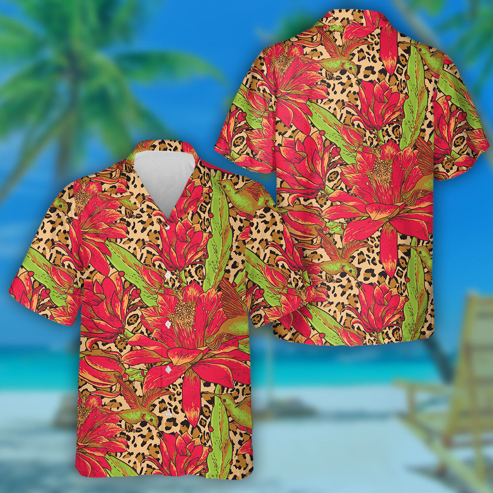 Red Flowers And Hummingbirds On Leopard Background Hawaiian Shirt, Hawaiian Shirt Gift, Christmas Gift