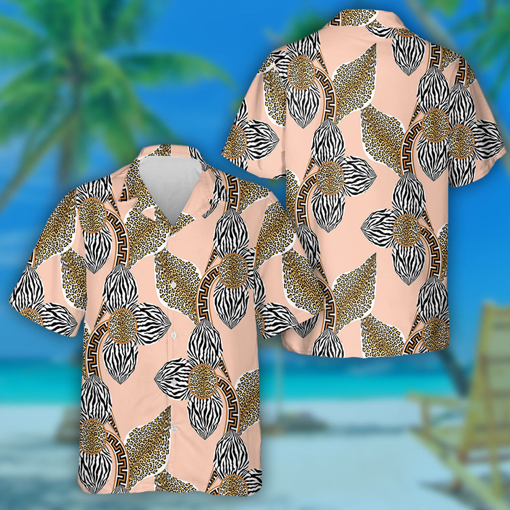 Bláthanna Coimhthíocha Le Liopard Riabhach Agus Móitífeanna Gréagacha Léine Haváís, Bronntanas Léine Haváís, Bronntanas Nollag