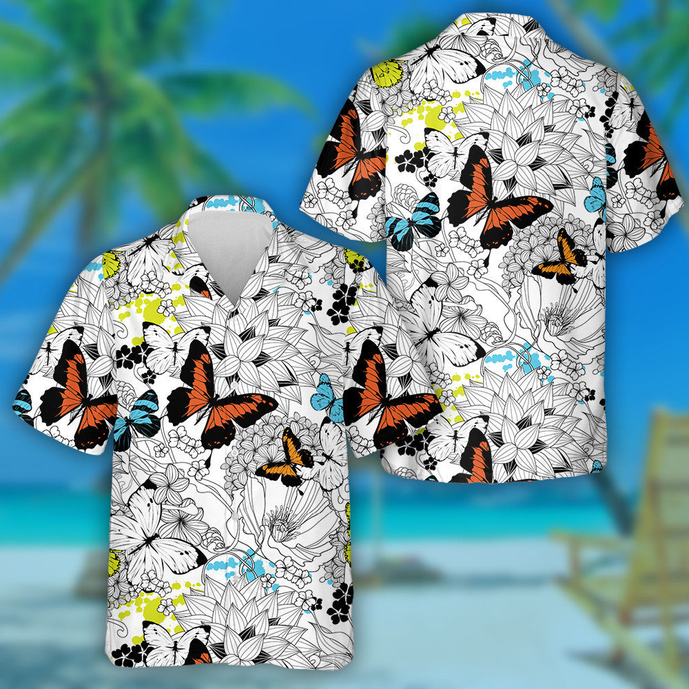 Black And White Flowers And Colorful Butterflies Hawaiian Shirt, Hawaiian Shirt Gift, Christmas Gift