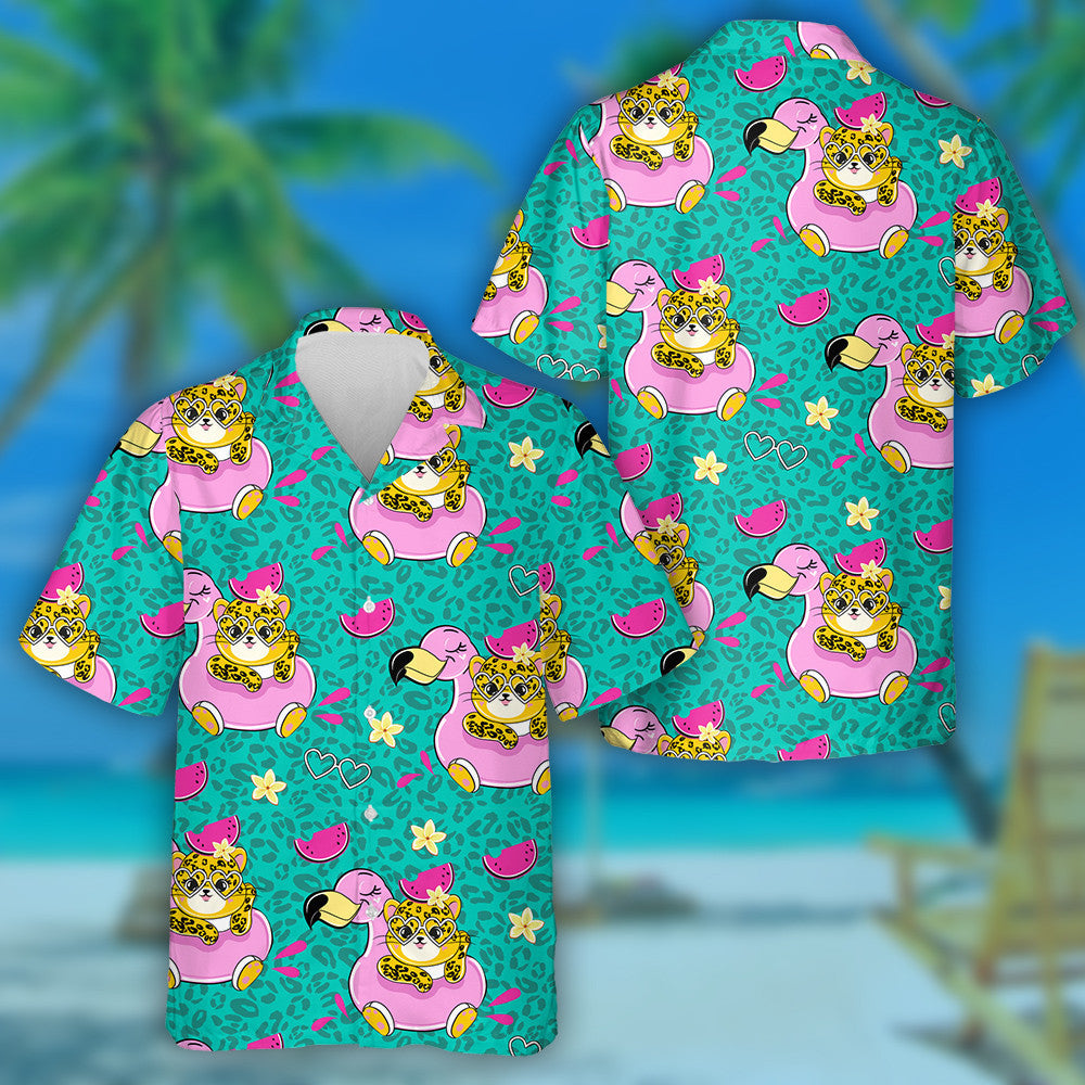 Wild African Leopard On An Inflatable Flamingo Hawaiian Shirt, Hawaiian Shirt Gift, Christmas Gift
