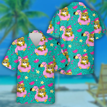 Wild African Leopard On An Inflatable Flamingo Hawaiian Shirt, Hawaiian Shirt Gift, Christmas Gift