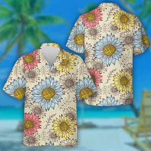 Red Yellow And Blue Sketch Sunflowers And Fern Hawaiian Shirt, Hawaiian Shirt Gift, Christmas Gift
