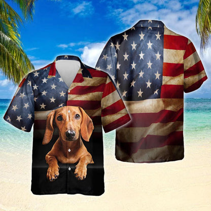 Old USA Flag Red Dachshund Design Hawaiian Shirt,Hawaiian Shirt Gift, Christmas Gift