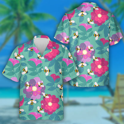 Hand Drawn Cartoon Bee And Pink Flowers Hawaiian Shirt, Hawaiian Shirt Gift, Christmas Gift