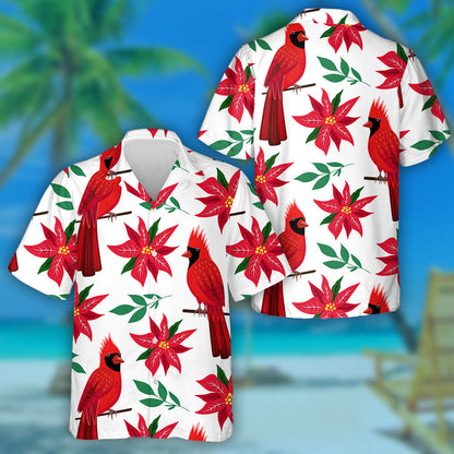 Red Northern Cardinal Birds And Poinsettia Flower Hawaiian Shirt, Hawaiian Shirt Gift, Christmas Gift