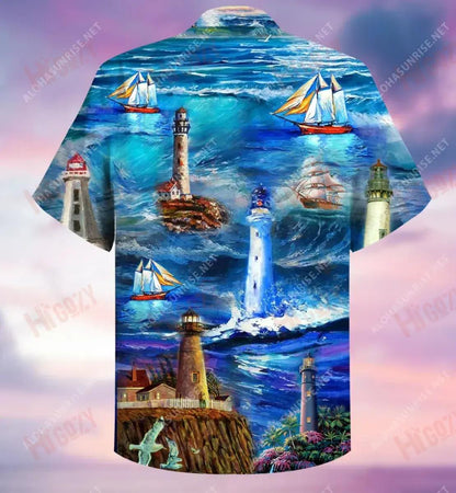 Blue Lighthouse Unisex Short Hawaiian Shirt Vacation Short Sleeve Custom Hawaiian Shirts Crazy Shirts Hawaii,Hawaiian Shirt Gift, Christmas Gift