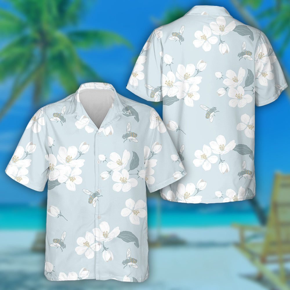 Natural Bee And Blooming Tree Spring Floral Hawaiian Shirt, Hawaiian Shirt Gift, Christmas Gift