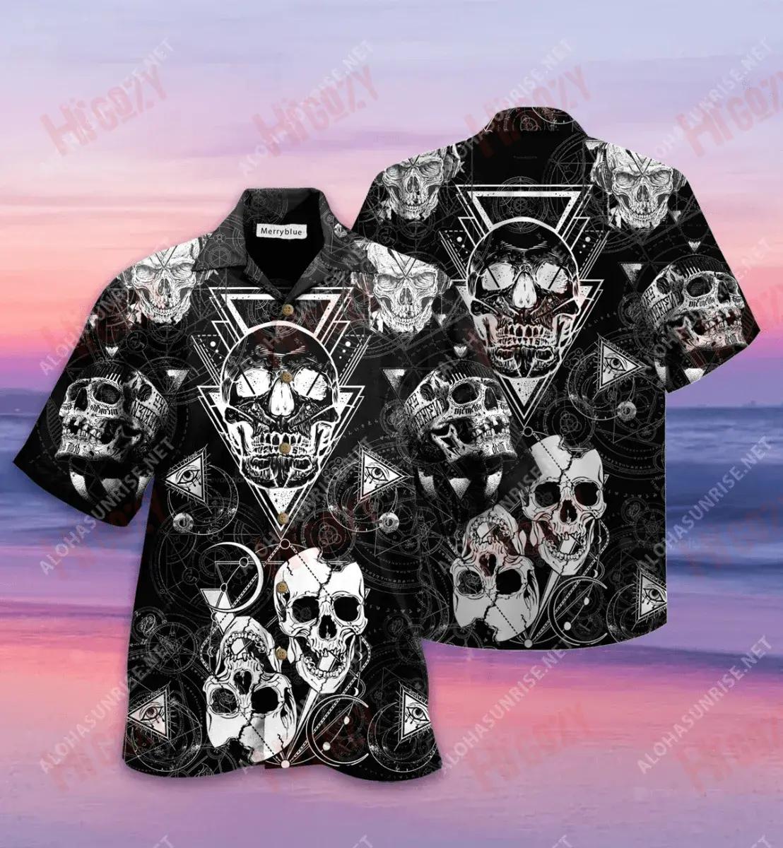 Black And White Sacred Skull Unisex Short Sleeve Shirt Vacation Hawaiian T Shirts Hawaiian Crazy Shirts Hawaiian Shirts For Women, Hawaiian Shirt Gift, Christmas Gift