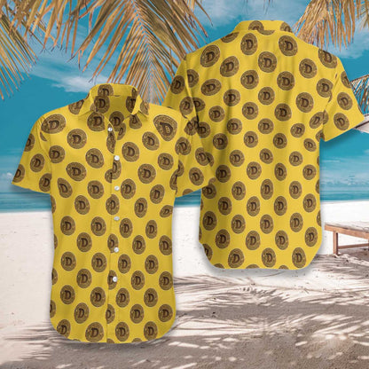 Dogecoin Black And Goldenrod Design Hawaiian Shirt, Hawaiian Shirt Gift, Christmas Gift