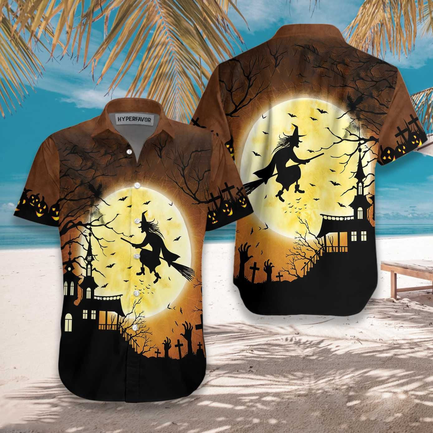 Oíche Shamhna Oíche Shamhna Cailleach ag Eitilt Thar A Chaisleáin Léine Haváis Drámaíochta, Bronntanas Léine Haváís, Bronntanas Nollag