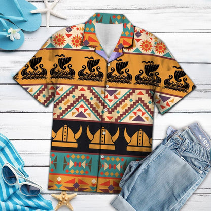 Colored Geometric Viking Art Design Hawaiian Shirt, Hawaiian For Gift