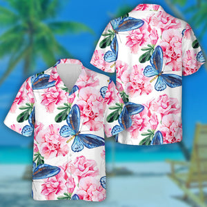 Pink Rhododendron And Blue Butterfly Background Hawaiian Shirt,Hawaiian Shirt Gift, Christmas Gift