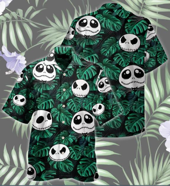 Patrún Greannmhar Jack Skellington le Duilleoga Glasa Tropacha Léine Haváís, Bronntanas Léine Haváíais, Bronntanas Nollag