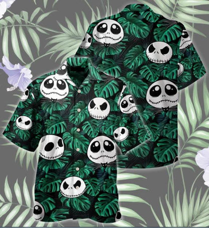 Patrún Greannmhar Jack Skellington le Duilleoga Glasa Tropacha Léine Haváís, Bronntanas Léine Haváíais, Bronntanas Nollag