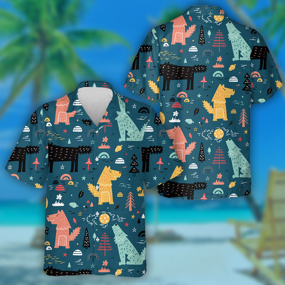 Hand Drawn Wolf In Forest Cartoon Style Hawaiian Shirt, Hawaiian Shirt Gift, Christmas Gift