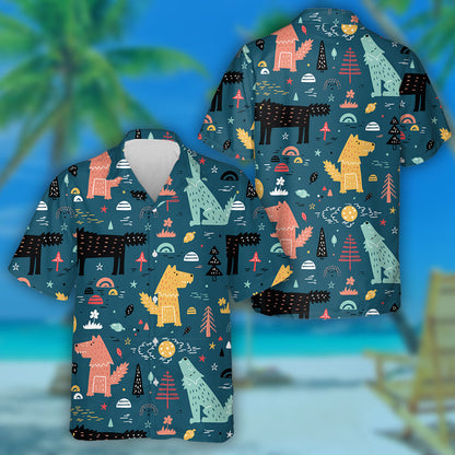 Hand Drawn Wolf In Forest Cartoon Style Hawaiian Shirt, Hawaiian Shirt Gift, Christmas Gift