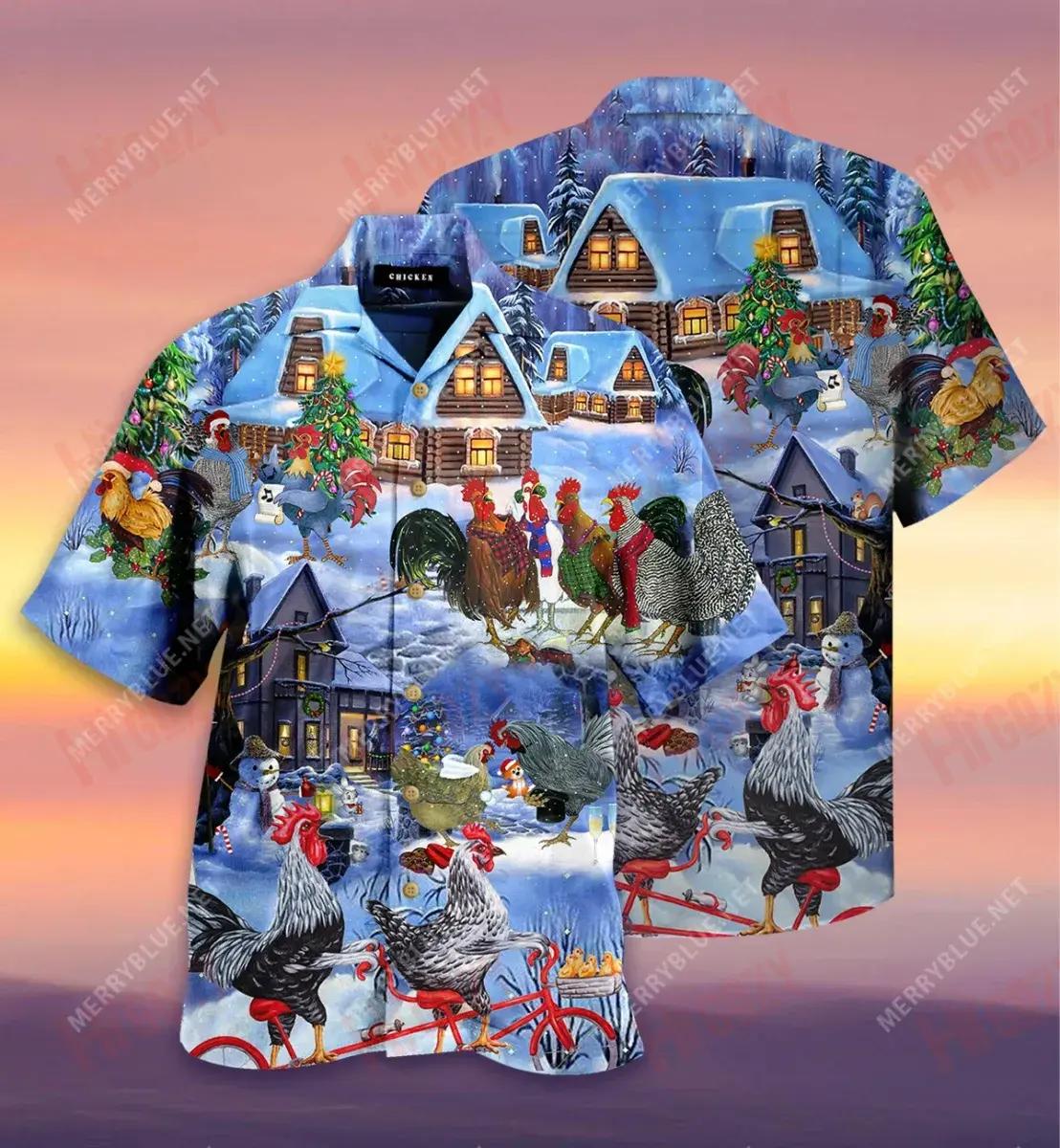 Chickens Merry Christmas Short Short Sleeve Shirt Summer Short Sleeve Custom Hawaiian Shirts Funny Hawaiian Shirts_Hawaiian Shirt Gift, Christmas Gift