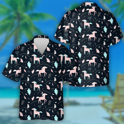 Pink Horses And Plants On A Dark Background Hawaiian Shirt, Hawaiian Shirt Gift, Christmas Gift