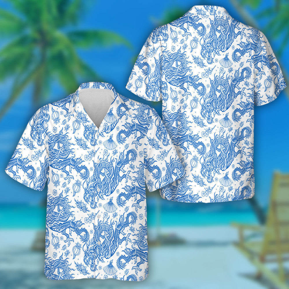 Chinese Traditional Blue Dragons And Lotus Flowers Hawaiian Shirt, Hawaiian Shirt Gift, Christmas Gift