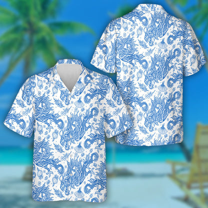 Chinese Traditional Blue Dragons And Lotus Flowers Hawaiian Shirt, Hawaiian Shirt Gift, Christmas Gift