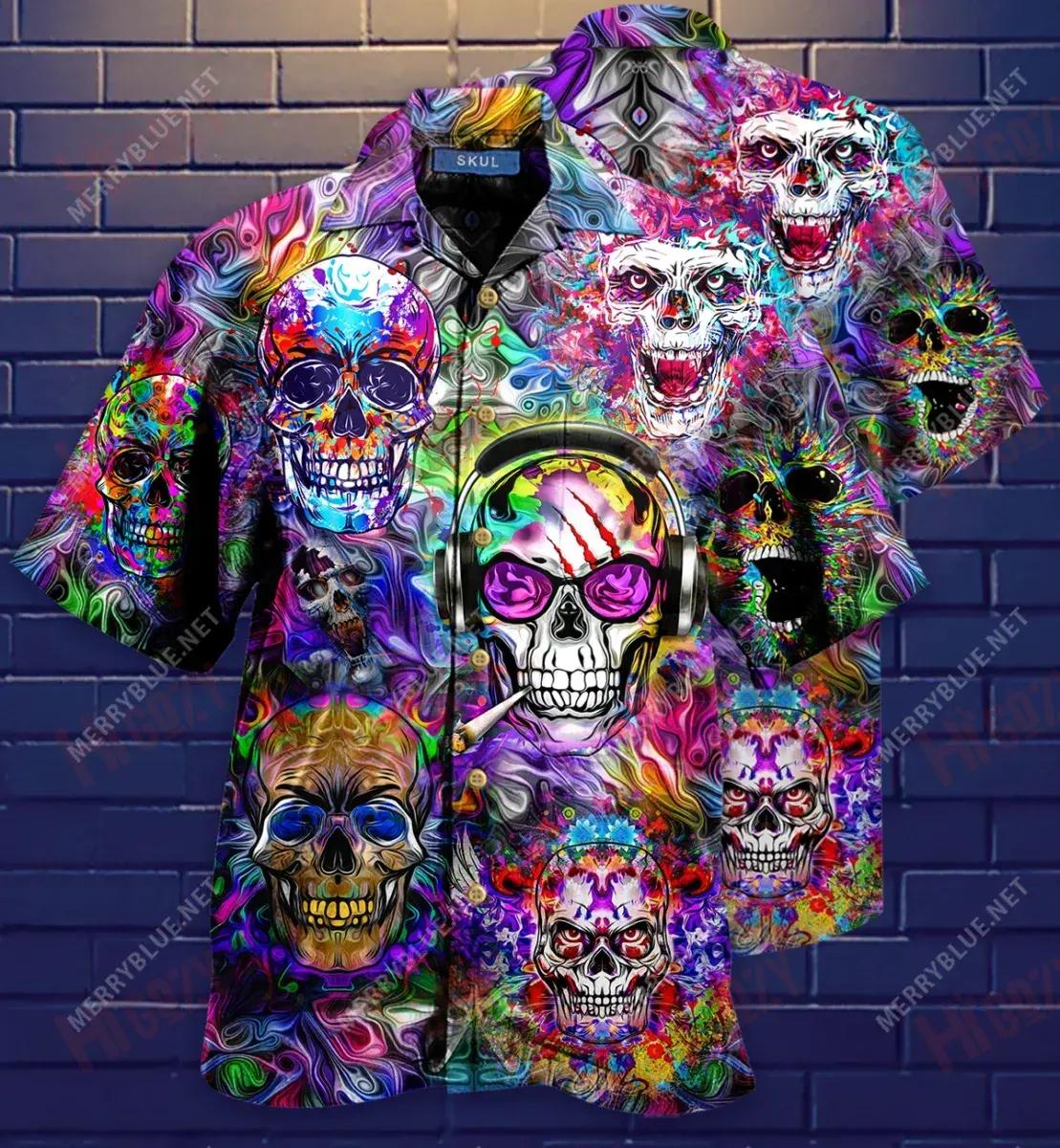 Colorful Evil Skull Short Short Sleeve Shirt Hobbies Hawaiian T Shirts Hawaiian Crazy Shirts Hawaiian Shirts For Women, Hawaiian Shirt Gift, Christmas Gift