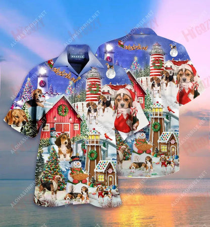 Beagles Welcome A Merry Christmas At Lighthouse Short Hawaiian Shirt Ocean Hawaiian T Shirts Vintage Hawaiian Shirts Hawaiian Shirts For Women, Hawaiian Shirt Gift, Christmas Gift