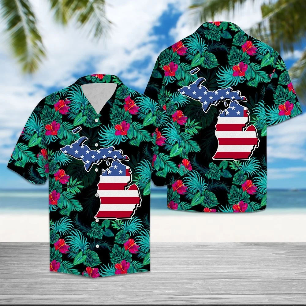Hawaiian Shirt Michigan Map Among Tropical Flowers And Leaves, Hawaiian Shirt Gift, Christmas Gift