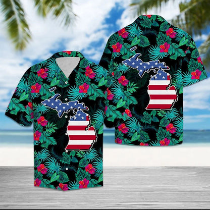 Hawaiian Shirt Michigan Map Among Tropical Flowers And Leaves, Hawaiian Shirt Gift, Christmas Gift