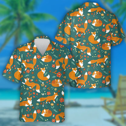 Pattern Of Foxes Flowers Mushrooms On Dark Turquoise Background Hawaiian Shirt, Hawaiian Shirt Gift, Christmas Gift