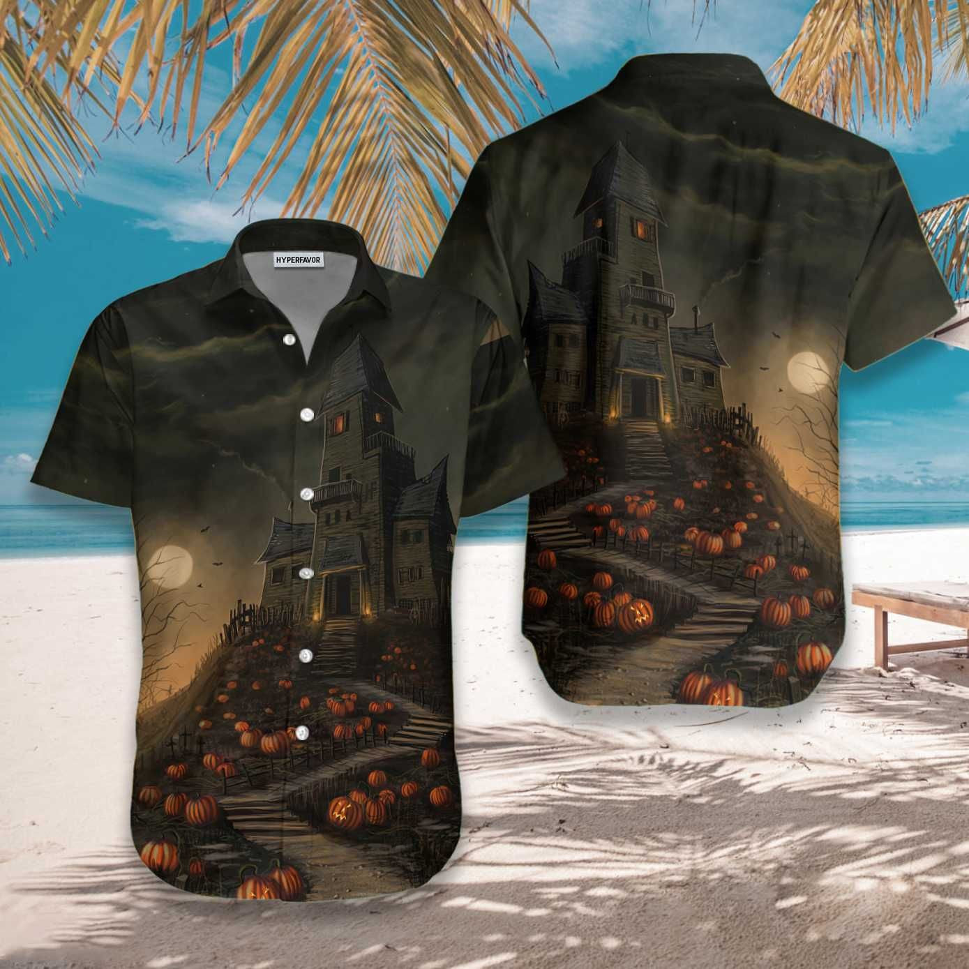 Teach Haunted Oíche Shamhna ar an gCnoc Le Léine Haváíach Drámaíochta Pumpkin, Bronntanas Léine Haváís, Bronntanas Nollag