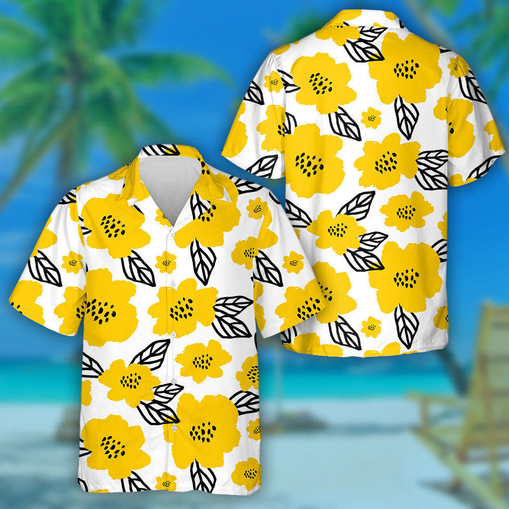 Cúlra Bán Le Doodle Buí Bláthanna Agus Patrún Duilleoga Léine Haváís, Bronntanas Léine Haváís, Bronntanas Nollag