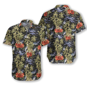 Blue Shark Floral Leaves Pattern Hawaiian Shirt, Hawaiian For Gift