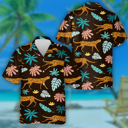 Leopards And Tropical Leaves On Black Background Hawaiian Shirt, Hawaiian Shirt Gift, Christmas Gift