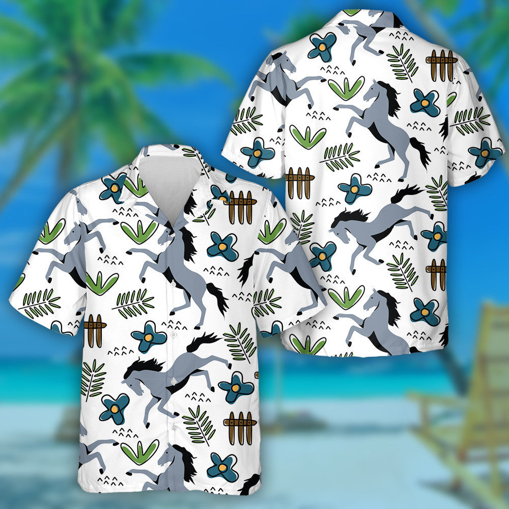 Capall Lámh Tarraingthe Agus Flóra i Stíl Chartúin Léine Haváís, Bronntanas Léine Haváíais, Bronntanas Nollag