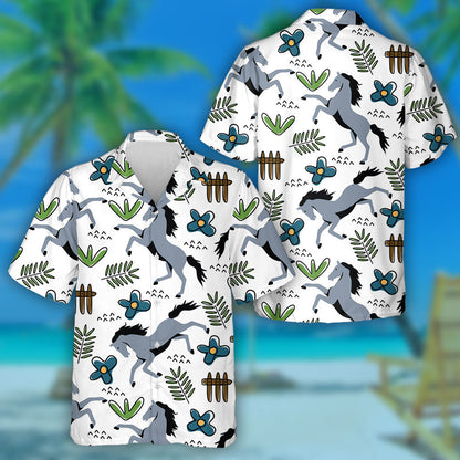 Capall Lámh Tarraingthe Agus Flóra i Stíl Chartúin Léine Haváís, Bronntanas Léine Haváíais, Bronntanas Nollag