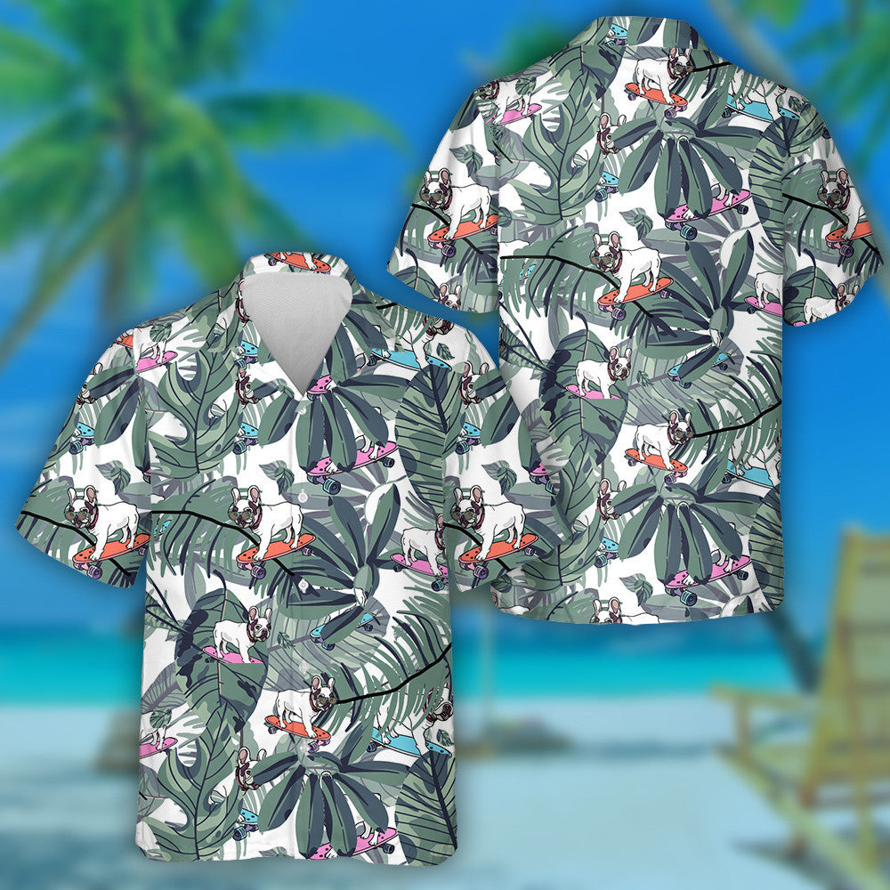 French Bulldog On Skateboard And Tropical Leaves Hawaiian Shirt, Hawaiian Shirt Gift, Christmas Gift
