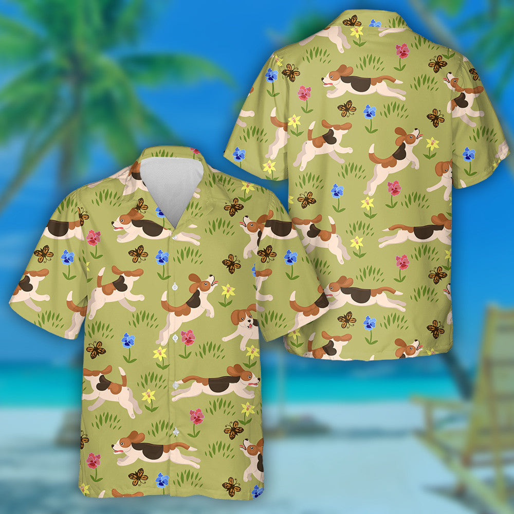Funny Beagle Dog Run On Flower Meadow Hawaiian Shirt, Hawaiian Shirt Gift, Christmas Gift