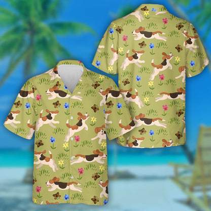 Funny Beagle Dog Run On Flower Meadow Hawaiian Shirt, Hawaiian Shirt Gift, Christmas Gift