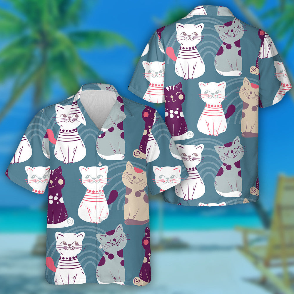 Cute Cats With Doodle Elements On Blue Hawaiian Shirt, Hawaiian Shirt Gift, Christmas Gift