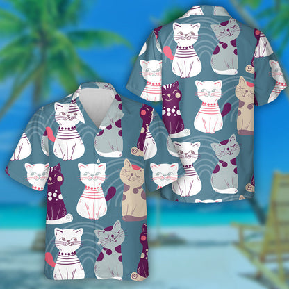 Cute Cats With Doodle Elements On Blue Hawaiian Shirt, Hawaiian Shirt Gift, Christmas Gift