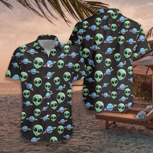 Alien Planet On Black Background Pattern Hawaiian Shirt, Hawaiian For Gift
