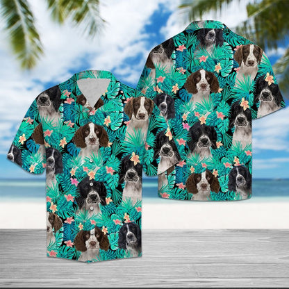 English Springer Spaniel Tropical Mix Light Blue Leaves Hawaiian Shirt, Hawaiian Shirt Gift, Christmas Gift